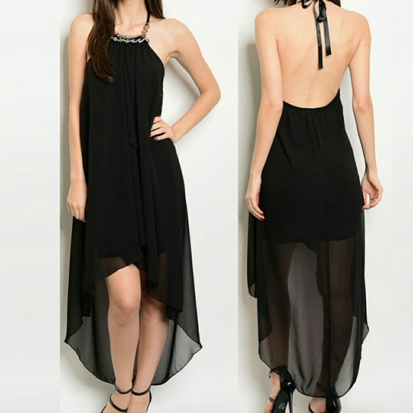 High Lo Tie Neck Embellished Halter Backless Dress - Picture 5 of 6